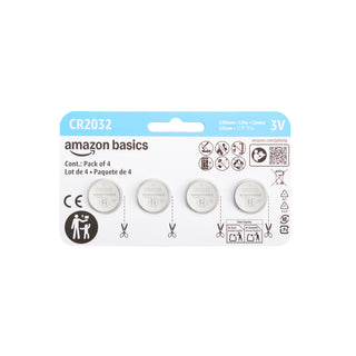 Amazon Basics CR2032 3V Lithium Coin Cell Batteries, Child-Proof Package, Non-Coated, AirTag Compatible, 4-Pack