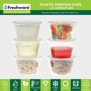 Freshware Plastic Portion Cups with Lids [4 Ounce, 200 Sets] Disposable Plastic Cups for Meal Prep, Salad Dressing, Jellos Shot Cups, Souffle Cups, Condiment and Dipping Sauce Cups