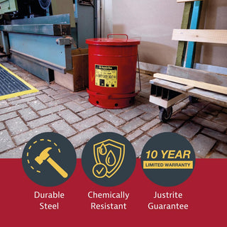 Justrite 6 Gallon Galvanized Steel Oily Waste Can, 16" x 12" Metal Oil Rag Safety Can With Foot Operated Self-Closing Lid for Oil Rag Disposal, Made in the USA, Red, 09100