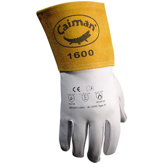 Caiman Premium Goat Grain TIG Welding Gloves, 4-Inch Gold Extended Cuff, Unlined, White/Gold, X-Large (1600-6)