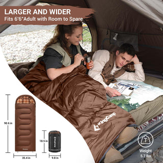 KingCamp Sleeping Bag for Adults, Cold Weather & Warm XL Big and Tall Flannel Sleeping Bags with Compression Sack Portable Waterproof Essentials Gear Accessories for Outdoor Camping (Coffee Left)