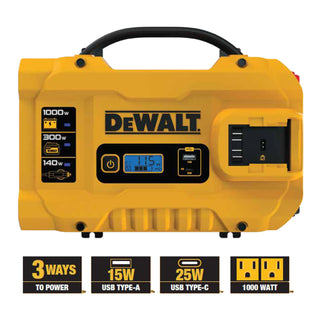 DEWALT DXAEPIP3W 20V, 3-Way Powered (Cables, Battery, DC Plug) 1000 Watt Power Inverter; Dual AC Outlets, 1 USB-A Port, & 1 USB-C 30W Port