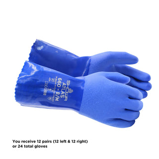 SHOWA Atlas 660 Triple-Dipped PVC Chemical Resistant Gloves, Heavy-Duty Gloves, Rough Finish Grip, Seamless Cotton Liner, 12" Length, Blue, Large, 12-Pack