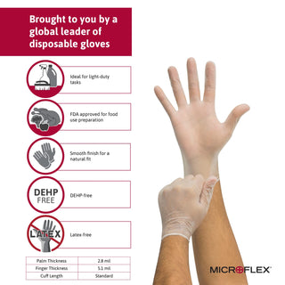 Ansell Microflex V28 Disposable Powder-Free Vinyl Gloves for Food Processing, Light Cleaning w/Smooth Surface - Med, Natural (Case of 1000)