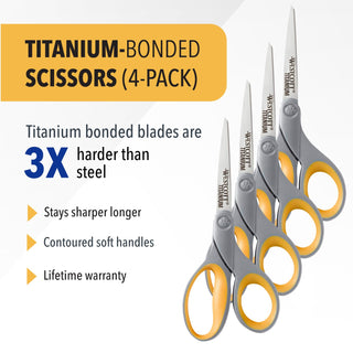 Westcott 8-Inch Titanium Bonded Scissors for Home, Office, and Classroom - Perfect for Cutting Paper, Sewing, and Crafts - Heavy-Duty Design with Soft Handle - Gray/Yellow - 4-Pack
