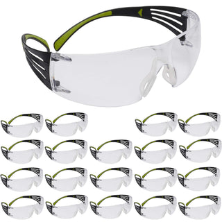 3M Safety Glasses for Men and Women, SecureFit 400, 20 Pack, ANSI Z87, Anti-Fog Anti-Scratch Clear Lens, Green/Black Frame, Polycarbonate, UV Protection, Flexible Temples, Soft Nose Bridge