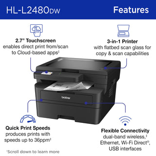 Brother HL-L2480DW Wireless Compact Monochrome Multi-Function Laser Printer with Copy and Scan, Duplex, Mobile, Black & White | Includes Refresh Subscription Trial(1), Works with Alexa