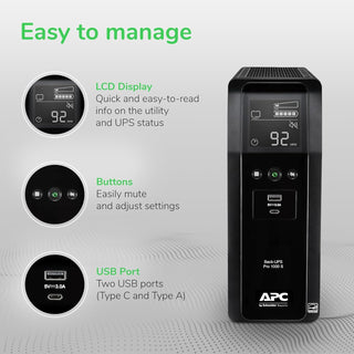 APC UPS Back-UPS Pro 1000VA Sinewave UPS, 600W Battery Backup & Surge Protector, AVR, 10 Outlets, LCD, USB-C & USB-A Charging Ports, BR1000MS Uninterruptible Power Supply for Computers, Electronics