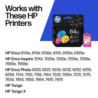 HP 64XL Tri-Color High-Yield Ink Cartridge Printers | Works with Printer Series: Envy Inspire 7950e; Envy Photo 6200, 7100, 7800; Tango | Eligible for Instant Ink | N9J91AN