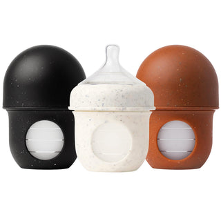 Boon Nursh Reusable Silicone Pouch Baby Bottles - Slow Flow Nipple - Silicone Baby Bottle Pouch and Nipple - Baby Feeding Essentials - Speckle - 0-3 Months - 3 Count - 4 Ounce