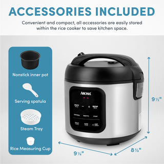 AROMA Digital Rice Cooker, 4-Cup (Uncooked) / 8-Cup (Cooked), Steamer, Multicooker, Slow Cooker, Oatmeal Cooker, Auto Keep Warm, 2 Qt, Stainless Steel Exterior