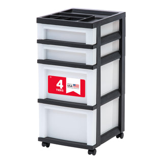 IRIS USA Plastic Drawer Storage Organizer Rolling Cart, with Wheels Casters, 4-Drawers, for Classroom Art Craft Supplies Dresser Closet Bathroom Laundry Room, Black/Pearl