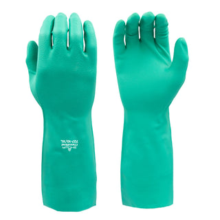 SHOWA 727 Chemical Resistant Gloves, 15-mil Unsupported Nitrile, 13-inch Extended Gauntlet, Bisque Grip, CE Cat III & Food Safe, Latex-Free, Green, Small, 12-Pack