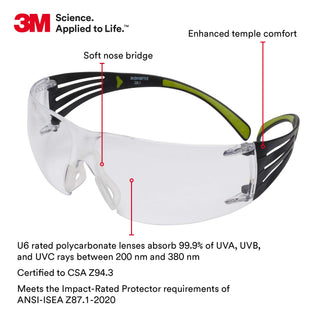 3M Safety Glasses for Men and Women, SecureFit 400, 20 Pack, ANSI Z87, Anti-Fog Anti-Scratch Clear Lens, Green/Black Frame, Polycarbonate, UV Protection, Flexible Temples, Soft Nose Bridge