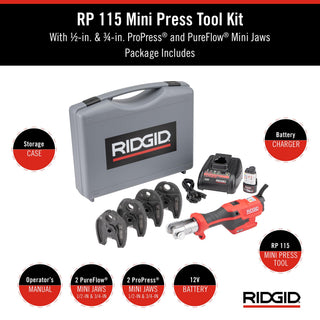 RIDGID 72558 Model RP 115 Mini Press Tool and Battery Kit with 1/2" to 3/4" ProPress and PureFlow Press Tool Jaws, 2V Li/Ion Battery, 12V Charger, and Carrying Case