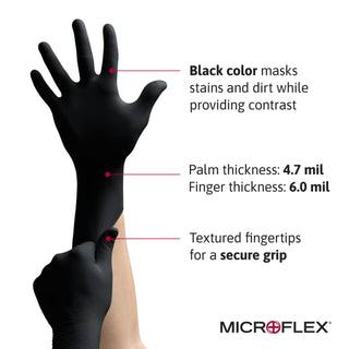 Microflex MK-296 Black Disposable Nitrile Gloves, Latex-Free, Powder-Free Glove for Mechanics, Automotive, Cleaning or Tattoo Applications, Medical/Exam Grade, Size Medium, Box of 100 Units