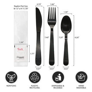 Party Essentials Individually Wrapped Plastic Cutlery Packets/Heavy Duty Silverware Kits, Fork/Spoon/Knife/Napkin/Salt/Pepper, 50 Utensils Sets, Black