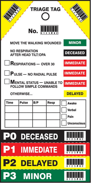 Accuform 50 Triage Tags with Perforations to The Proper Injury Level, TRIAGE TAG NO. #### (Random Start Sequential Numbering with Bar Code), 8" x 4", PF-Cardstock, TTR100