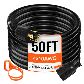 VEVOR 50 FT 30 Amp Generator Extension Cord SJTW 10 AWG 4 Prong, NEMA L14-30P 125/250V Heavy Duty Generator Power Cord with Twist Lock Connector