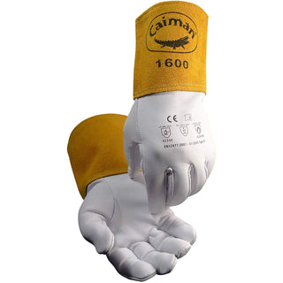 Caiman Premium Goat Grain TIG Welding Gloves, 4-Inch Gold Extended Cuff, Unlined, White/Gold, Medium (1600-4)