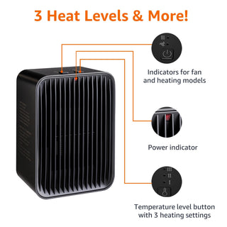 Amazon Basics Portable Ceramic Space Heater, Small Electric Heater for Indoor Use With 3 Heat Settings, Temperature Control, Lightweight (1.7 LBS), 520 w, Black, 5.1"L x 3.5"W x 7"H