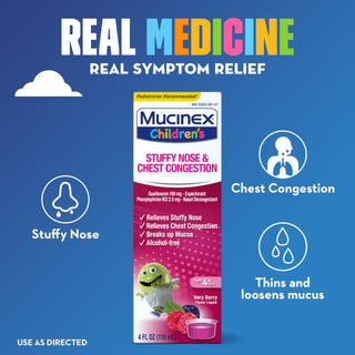 Mucinex Children’s Stuffy Nose & Chest Congestion, Multi-Symptom Relief, Expectorant, Nasal Decongestant, Very Berry Flavor, 4 Fl Oz