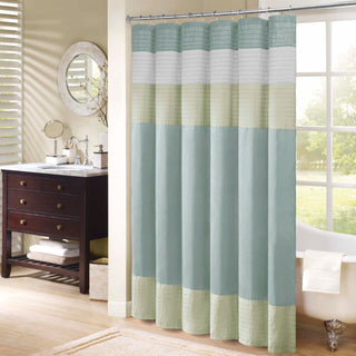 Madison Park Amherst Bathroom Shower Curtain Faux Silk Pieced Striped Modern Microfiber Bath Curtains, 72x72 Inches, Green