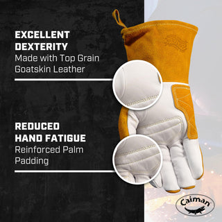 Caiman Premium Goat Grain TIG/Multi-Task Welding Gloves, Split Cowhide Back, 4-Inch Extended Cuff, White/Gold, Small (1540-3)