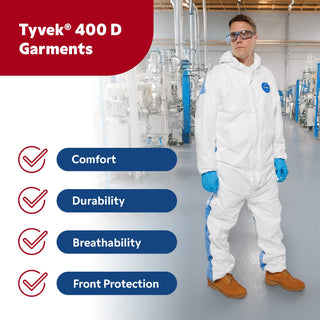 DuPont - TD127SWBLG0025CM Tyvek 400D Protective Coverall with ProShield 10 Back, Zipper Front, Hood and Elastic Cuffs, White/Blue, Large, 25-Pack