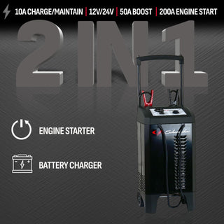 Schumacher Electric Wheeled Manual 10A Car Battery Charger and 200A Engine Starter, 2-in-1 Solution, 50A Boost, for 12V/24V Power Sport, Automotive, and Marine Batteries, SC1633