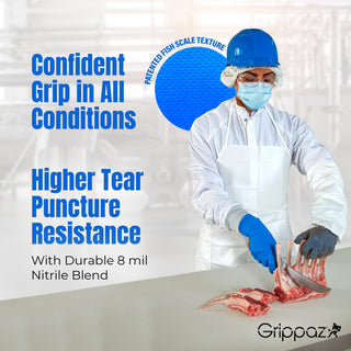 PIP Grippaz Food Plus 8 Mil Nitrile 12" Disposable Gloves 48-Pack, Fish Scale Grip, Enhanced Fatty Food Handling, Blue, 3X-Large (67-308/XXXL)