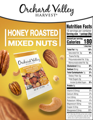 Orchard Valley Harvest Honey Roasted Mixed Nuts, 1 Ounce Bags (Pack of 15), Almonds, Peanuts, Pecans, and Cashews, Gluten Free, Non-GMO, No Artificial Ingredients