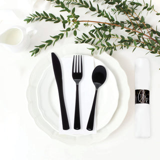 Party Essentials Pre Rolled Silverware Set Disposable Party Supplies, Wrapped Plastic Cutlery Set with Napkin, Spoons/Forks/Knives Black, 25 Units