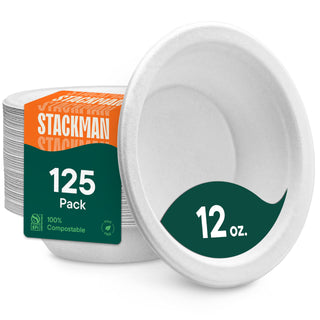 100% Compostable Disposable Paper Bowls [125-Pack] - {PFAS-Free} - {BPI Certified} - [12 oz] Heavy Duty, Eco-Friendly, Biodegradable Bagasse Hot Soup Bowls - Thick White 12oz Bowl Plates by Stack Man