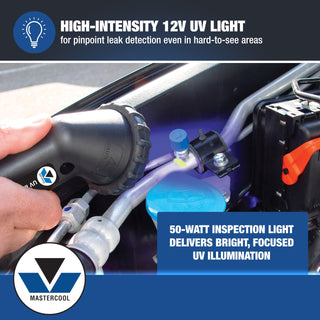 Mastercool 53351 Professional UV Leak Detection Kit – 12V High-Intensity Light – Detects A/C, Coolant, Fuel, Oil, ATF Leaks – Includes Universal Dyes, Glasses, R134a & R12 Compatible