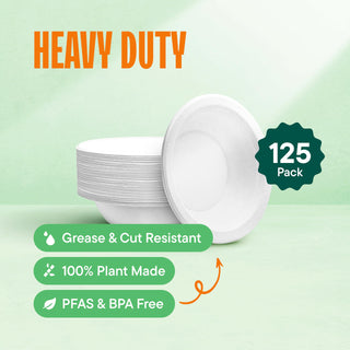 100% Compostable Disposable Paper Bowls [125-Pack] - {PFAS-Free} - {BPI Certified} - [12 oz] Heavy Duty, Eco-Friendly, Biodegradable Bagasse Hot Soup Bowls - Thick White 12oz Bowl Plates by Stack Man
