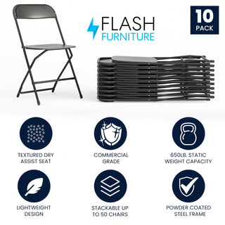 Flash Furniture Hercules Set of 10 Indoor/Outdoor Heavy-Duty Plastic Folding Chairs, Foldable Commercial Stacking Chairs with 650-lb. Static Weight Capacity, Black