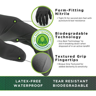 SHOWA 6112PF Sustainable EBT Latex-Free, Powder-Free, Nitrile Disposable Single Use Safety Gloves, 4 Mil, 9.5" Length, Black, Medium, (1 Box/100 Gloves)
