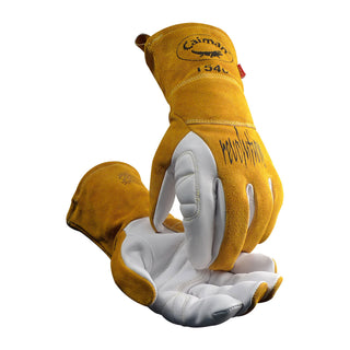 Caiman Premium Goat Grain TIG/Multi-Task Welding Gloves, Split Cowhide Back, 4-Inch Extended Cuff, White/Gold, Small (1540-3)