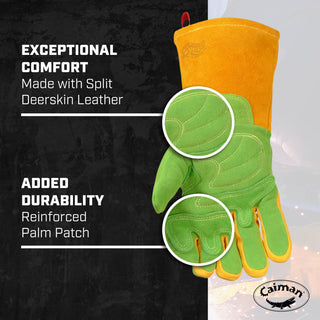 Caiman Premium Wasabi Green Split Deerskin MIG/Stick Welding Gloves, Flame Resistant Foam/Fleece Insulation, Pulse Protector, Green/Gold, Medium (1816-4)