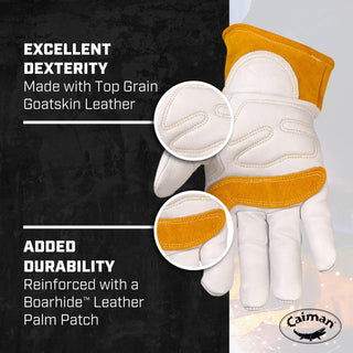 Caiman Premium Goat Grain TIG/MIG Welding Gloves, Wool Insulated Back, Scalloped Cuff, Boarhide Palm, White/Gold, Medium (1871-4)