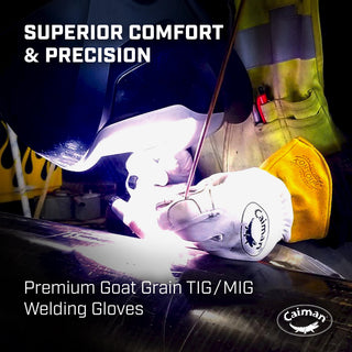 Caiman Premium Goat Grain TIG/MIG Welding Gloves, Wool Insulated Back, Scalloped Cuff, Boarhide Palm, White/Gold, Small (1871-3)