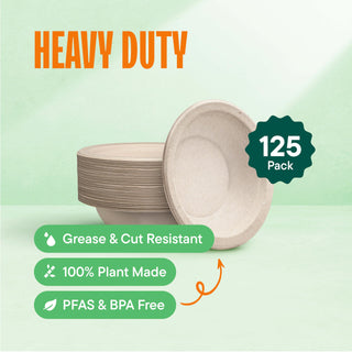 Stack Man Paper Bowls, 100% Compostable Disposable Soup Bowl [125-Pack] 12 oz. Heavy Duty, Eco-Friendly, Biodegradable Bagasse Hot Food Plates and Bowls - Natural Brown (BPI Certified) (PFAS-Free)