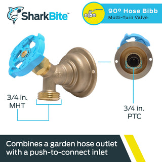 SharkBite 3/4 x 3/4 Inch MHT 90 Degree Hose Bibb, Multi Turn, Push To Connect Brass Plumbing Fitting, PEX Pipe, Copper, CPVC, PE-RT, HDPE, 24627LF