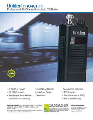 Uniden PRO401HH Professional Series 40 Channel Handheld CB Radio, 4 Watts Power with Hi/Low Power Switch, Auto noise cancellation, Belt Clip And Strap Included, 2.75in. x 4.33in. x 8.66in.