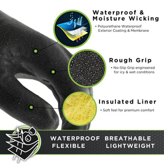 SHOWA TEMRES 282-02 Waterproof Insulated Winter Work Gloves, Breathable Polyurethane, Integrated Drawstring Gaiter Snow Cuff, Thermal Fleece for Skiing, Ice Fishing, Black, X-Large, 1 Pair