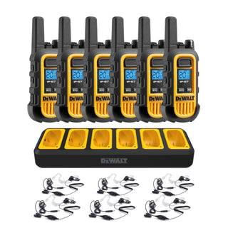 DEWALT DXFRS300 FRS Walkie Talkies, Long Range 2 Way Radio, 1W, IP67 Waterproof, 6 Pack with 6 Headsets, Gang Charger, DXFRS300BCH6-SV1
