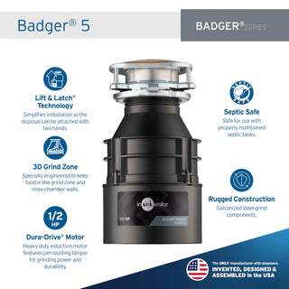 InSinkErator Badger 5 Garbage Disposal, Standard Series 1/2 HP Continuous Feed Food Waste Disposer, Black, Set of 1