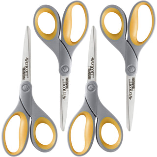 Westcott 8-Inch Titanium Bonded Scissors for Home, Office, and Classroom - Perfect for Cutting Paper, Sewing, and Crafts - Heavy-Duty Design with Soft Handle - Gray/Yellow - 4-Pack