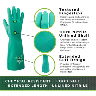 SHOWA 717 Chemical Resistant Gloves, 11-mil Nitrile Gloves, 13-inch Extended Gauntlet, Bisque Grip, Unlined & Unsupported, CE Cat III & Food Safe, Green, Large, 12-Pack
